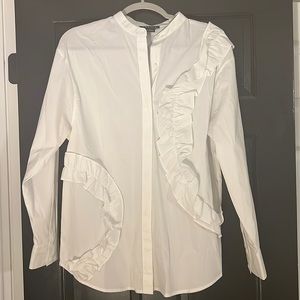Trouvé white collarless button-up blouse with ruffle detail :: Sz S